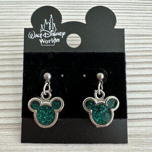 Vintage Mickey Mouse Green Glitter Dangling Earrings